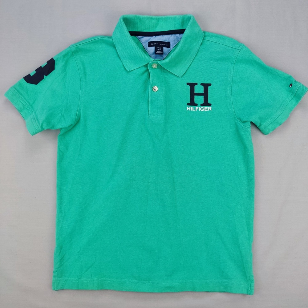 Tommy Hilfiger Polo Shirt Boys L 14/16 Green H Logo Short Sleeve Pique Patch 8